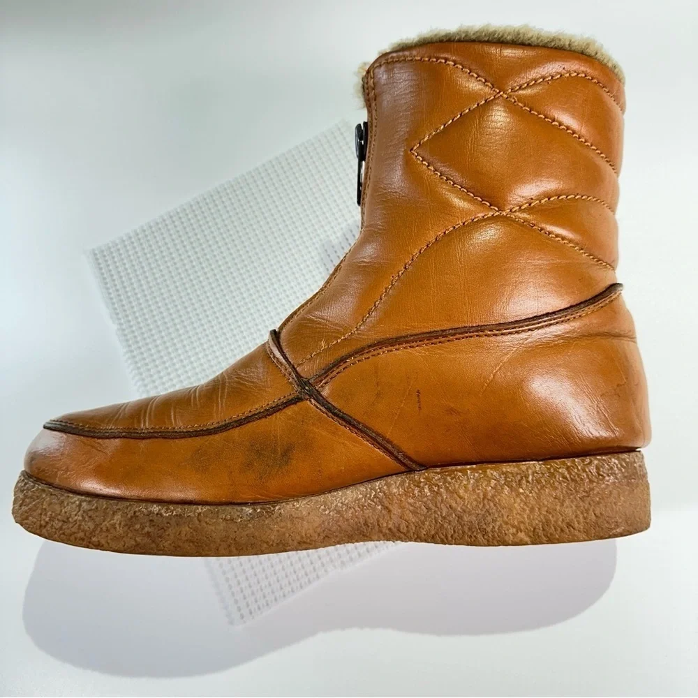 Mocatem Winter Boots Vintage Front Zip Leather Cognac Brown 13E